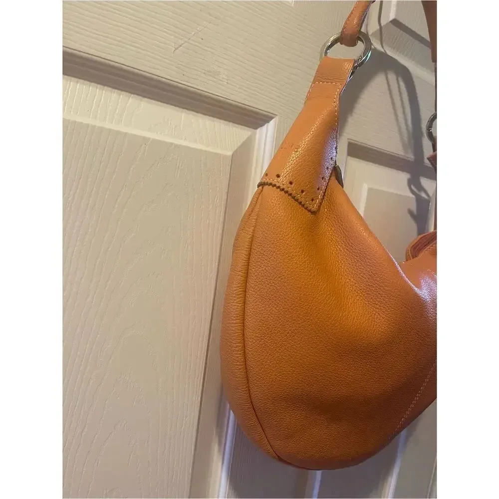 PRUNE Hobo leather Orange Medium Bag stitching accents silver tone hardwares .